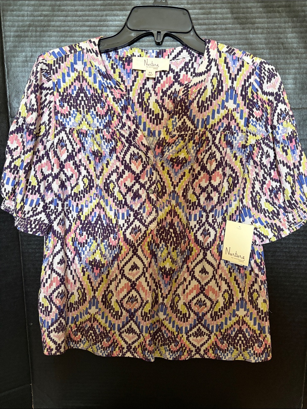 Nurture by Westbound Purple Pink Blue Yellow Patterned V-Neck Blouse